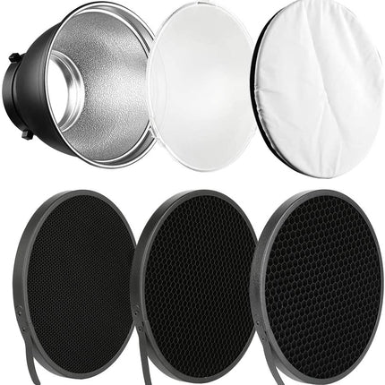 Soonpho 7 Standard Reflector Diffuser Lamp Shade Dish with 10° -30°- 50° Degree Honeycomb Grid White Soft Cloth For Bowens Mount Studio Strobe Flash Light Speedlite