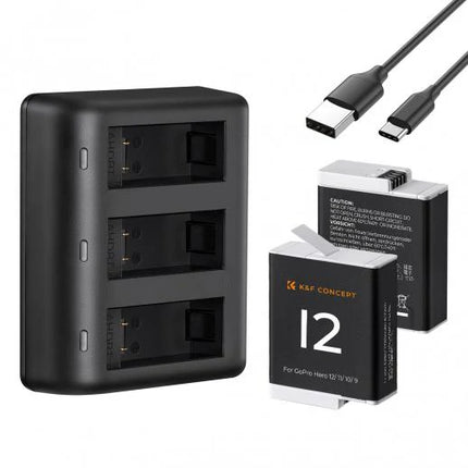 K&F Concept 2-Pack 1730mAh Batteries with 3-Channel Fast Charger for GoPro Hero 9-10-11-12 Black