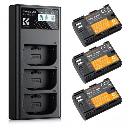 K&F Concept LP-E6/LP-E6NH Battery 3-Pack with 3-Slot Charger